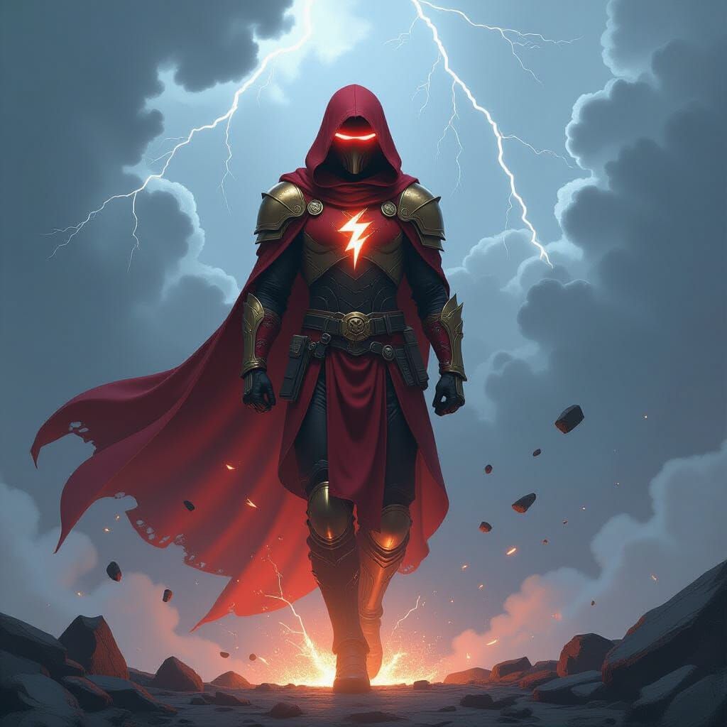 Warrior in Crimson-Gold Armor Amidst Shattered Thunderclouds