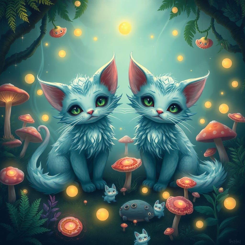 Magical Cats and Friends in Whimsical Garden