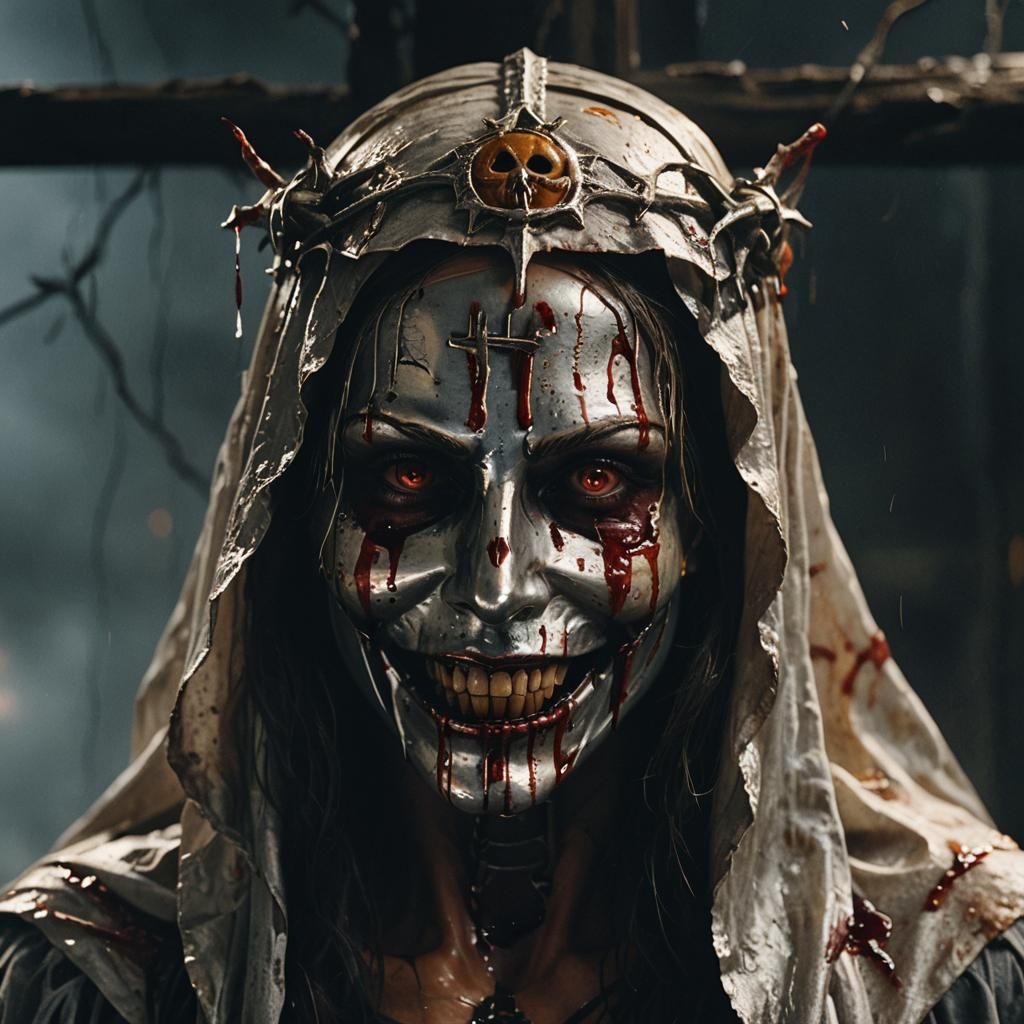 Eerie Crucified Woman with Jack-o'-Lantern Helmet