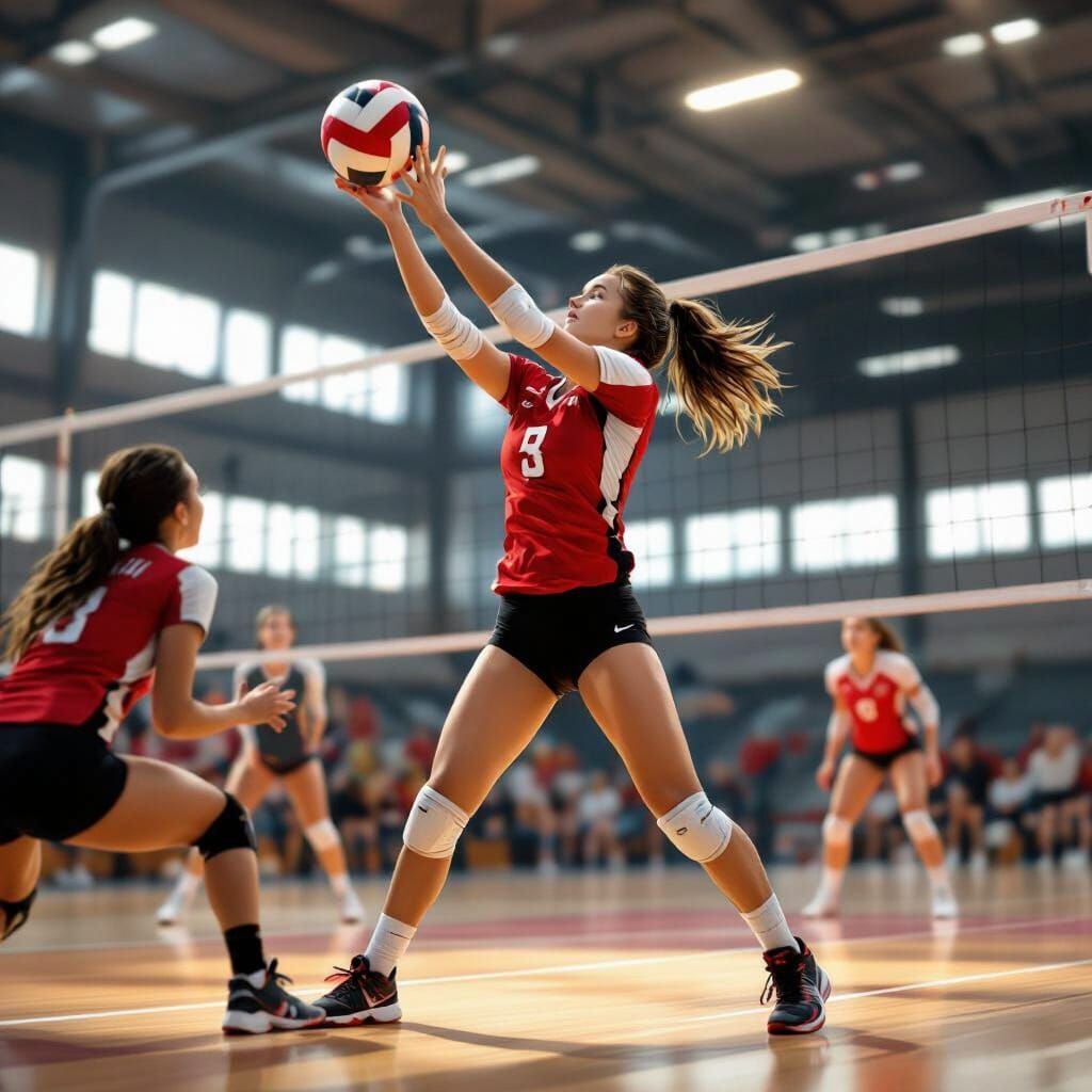 Volleyball Player in Action, Red Black White Jersey