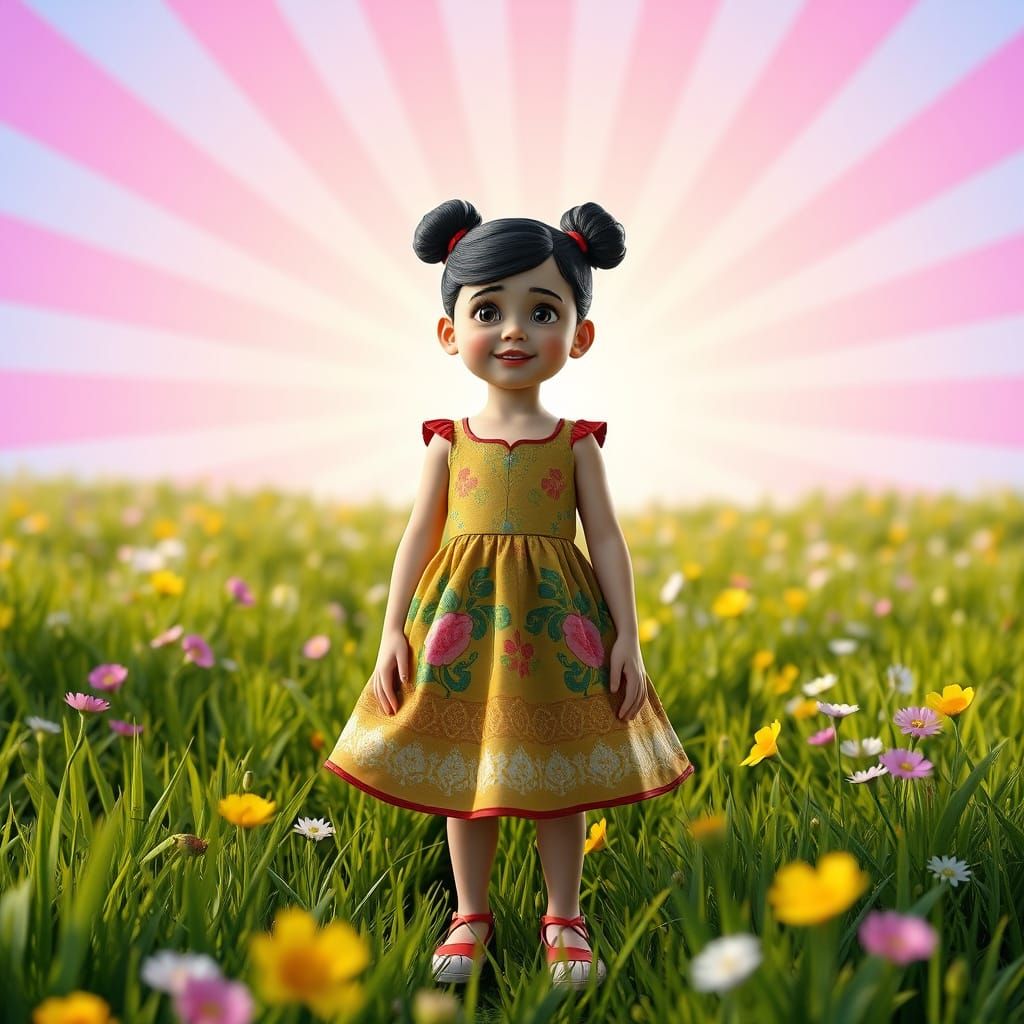 Little Girl in Vibrant Dress Amidst Meadow