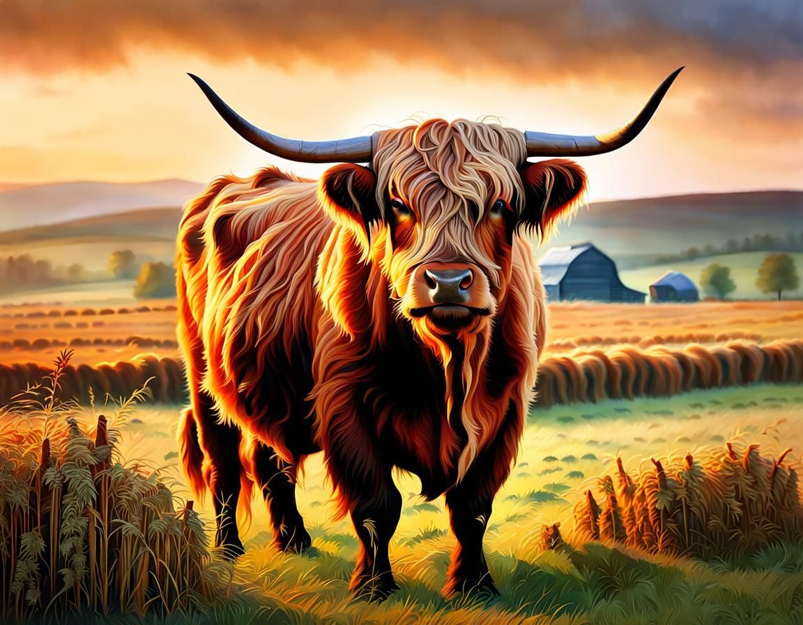 Highland Cow in Farm Field Watercolor Painting