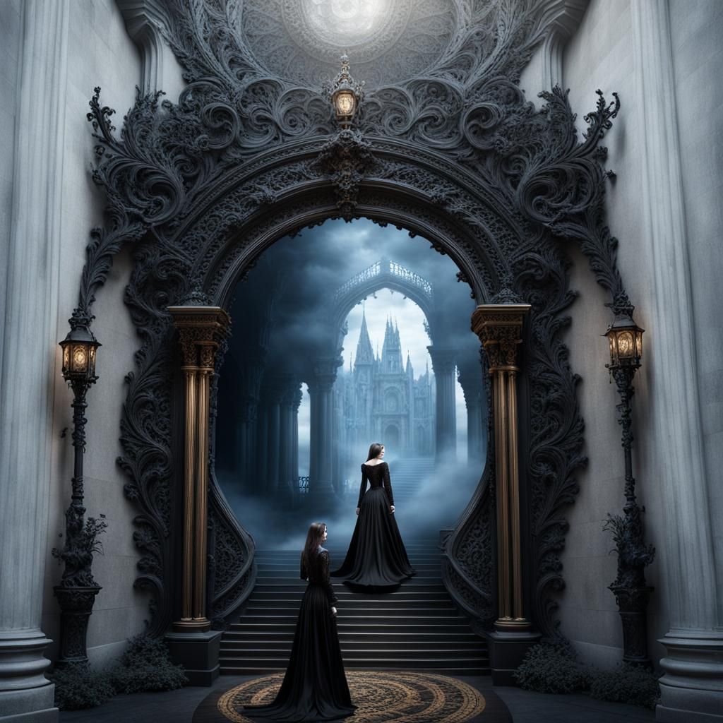 Woman in Gothic Dress at Portal Entrance