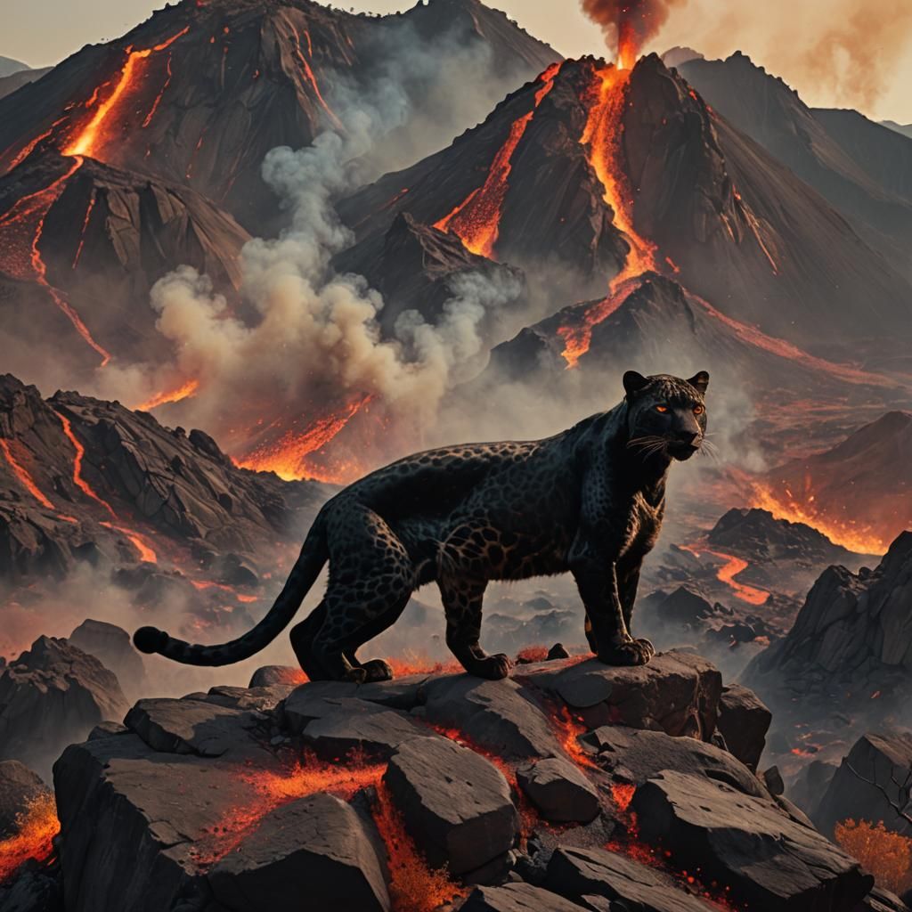 Black Leopard Overlooking a Volcano World