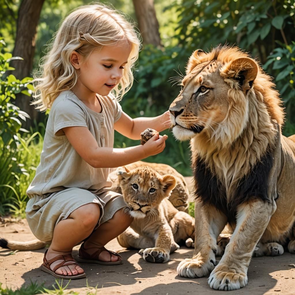 Girl and Lion Cub in Summer Scenery