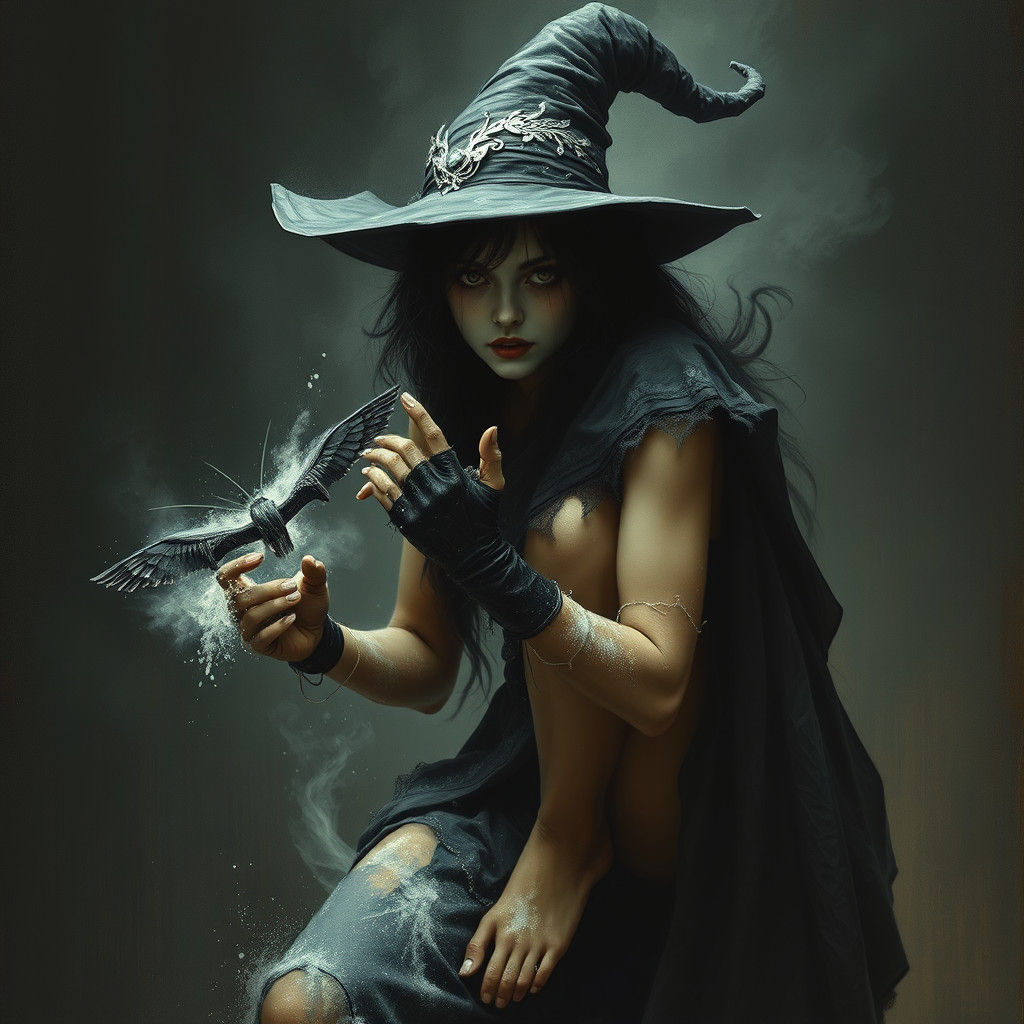 Gothic Witch Girl in Engraving Style