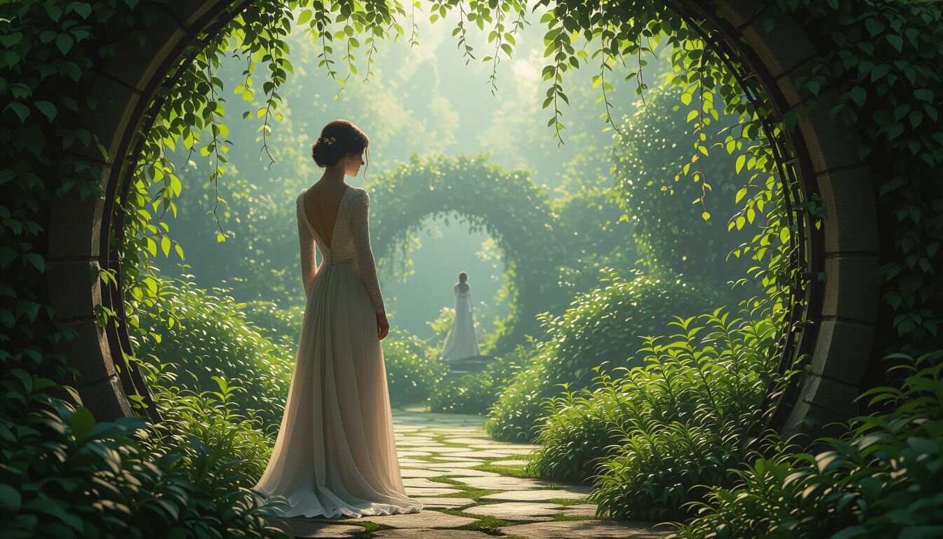 Woman in Secret Garden Expecting Someone: Digital Matte Pain...