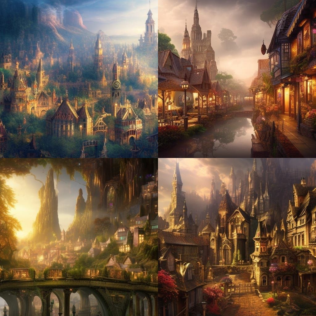 Intricate Fairy Town in Digital Matte Painting Style