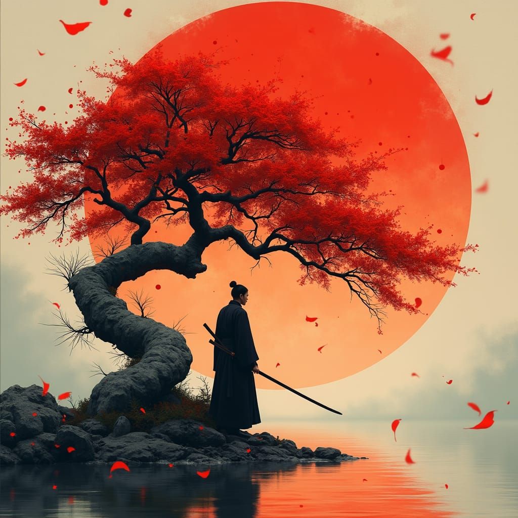 Ronin Leaning on Bonsai Tree with Red Sun