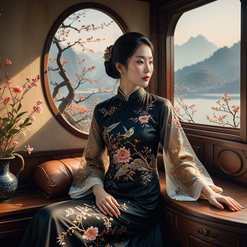 Elegant Chinese Woman in Serene Airship Dreamscape