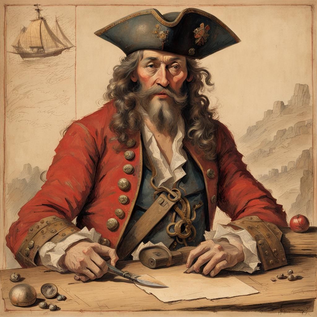 Weathered Pirate and Treasure Map in Watercolor