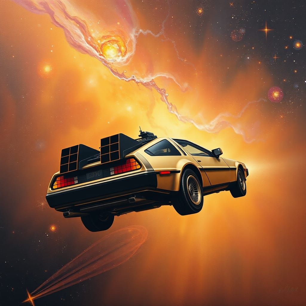 Golden DeLorean Flies into Colorful Cosmic Sky