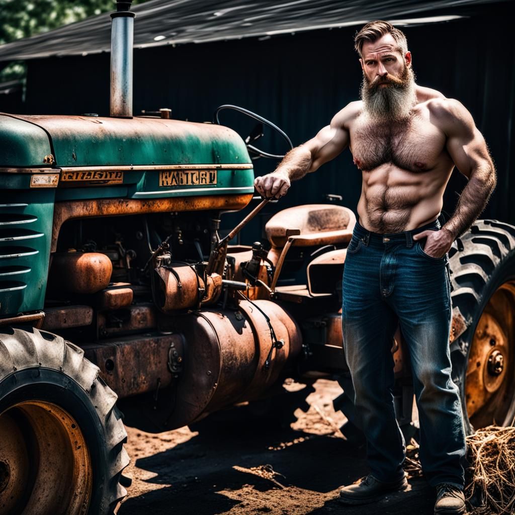 Hyperrealistic Man Repairs Tractor in Atmospheric Lighting