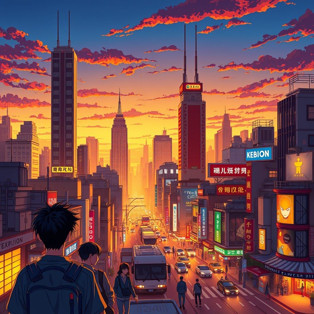 Dusk Cityscape in Vibrant Anime Style