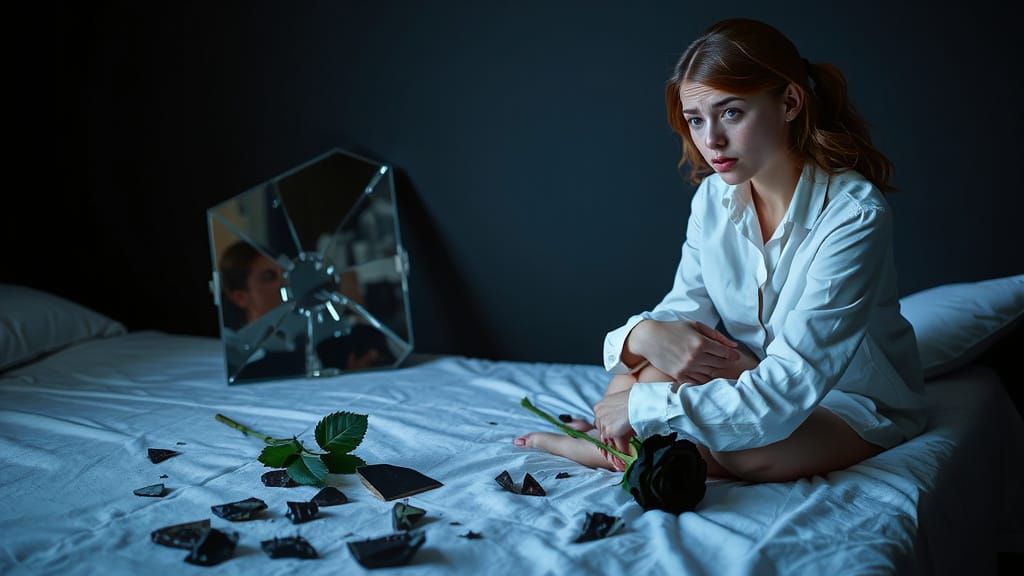 Terrified Woman and Shadowy Reflection
