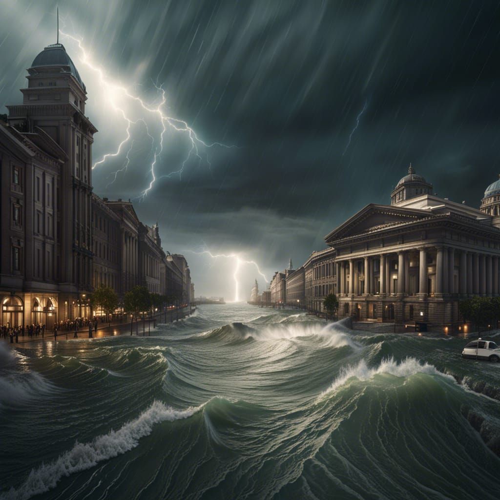 City Engulfed by Tidal Wave in Hyperrealistic Detail