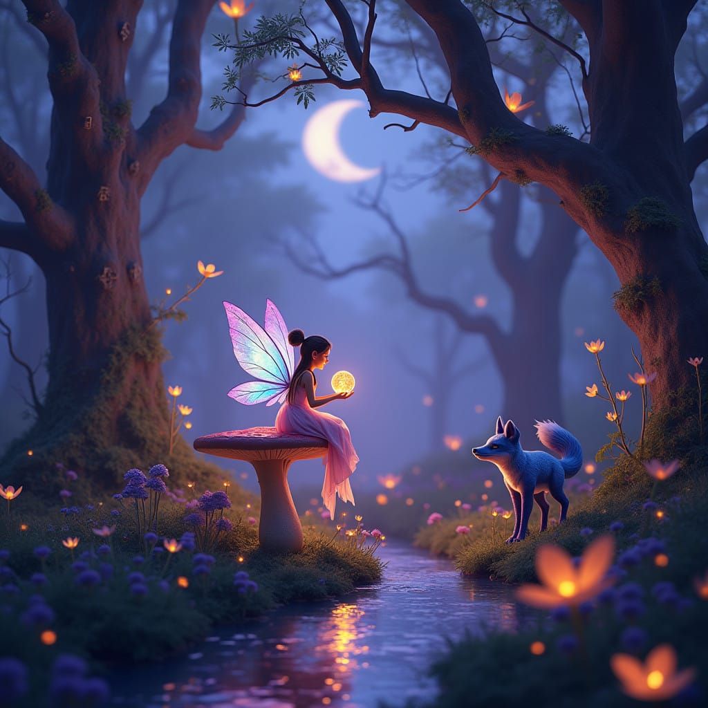 Mystical Twilight Forest Scene in Dreamy Lavender Light