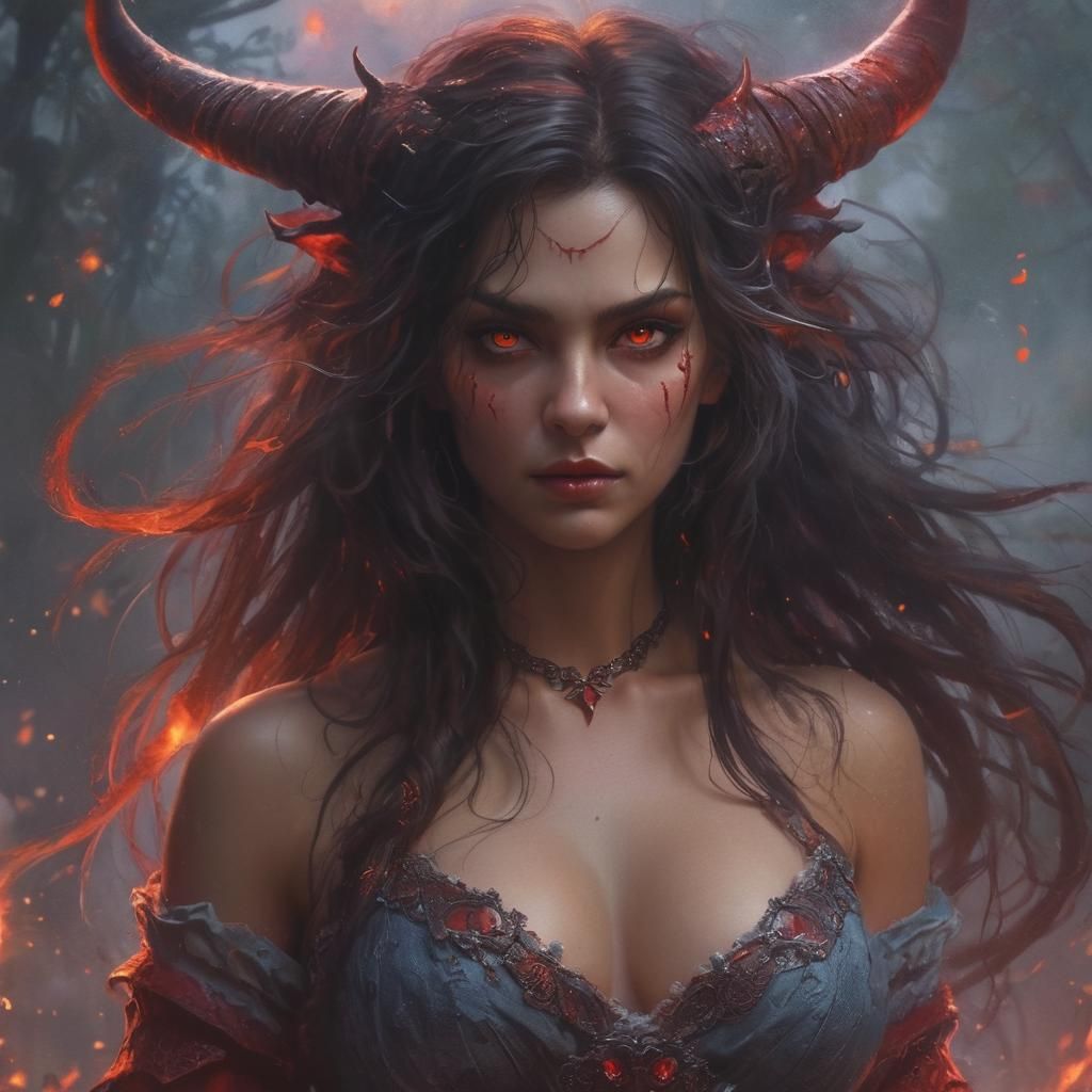 Demonic Woman with Red Eyes in Ethereal Fantasy Art