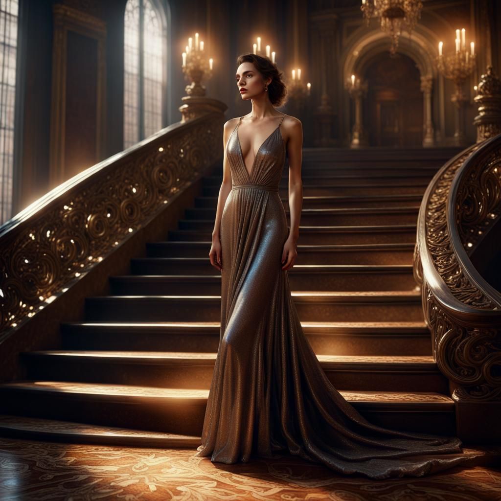 Woman in Shimmering Gown on Ornate Staircase