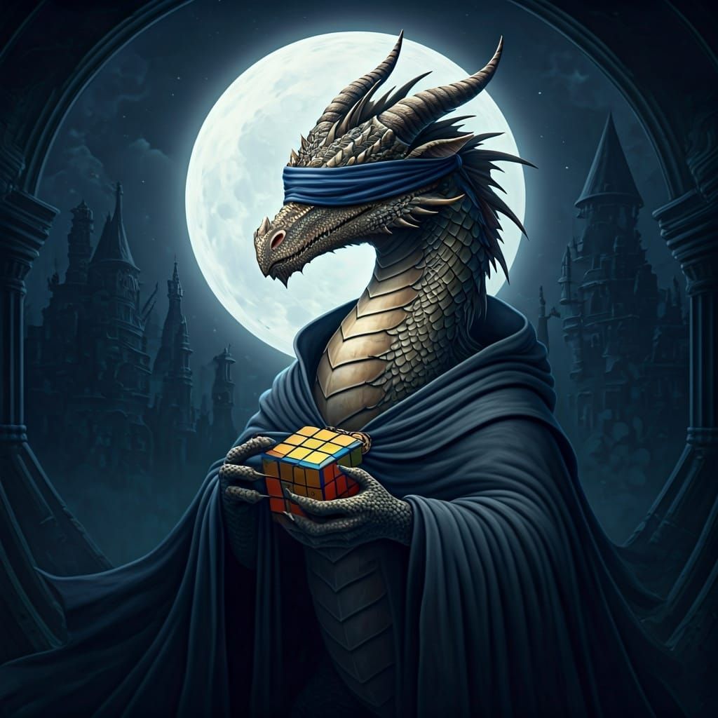 Dragon Solves Rubik's Cube in Mystic Moonlight