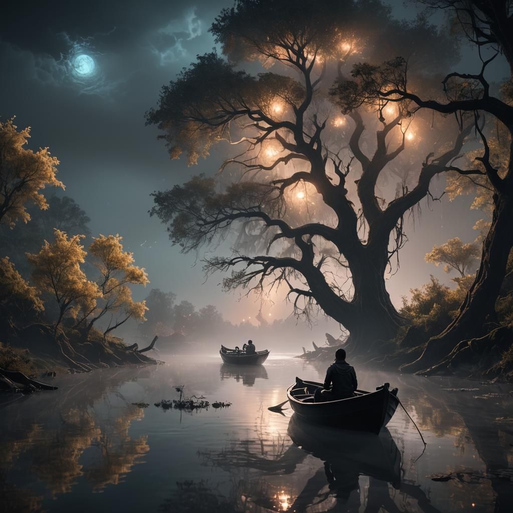 Mystical River Scene with Glowing Fantasy Trees