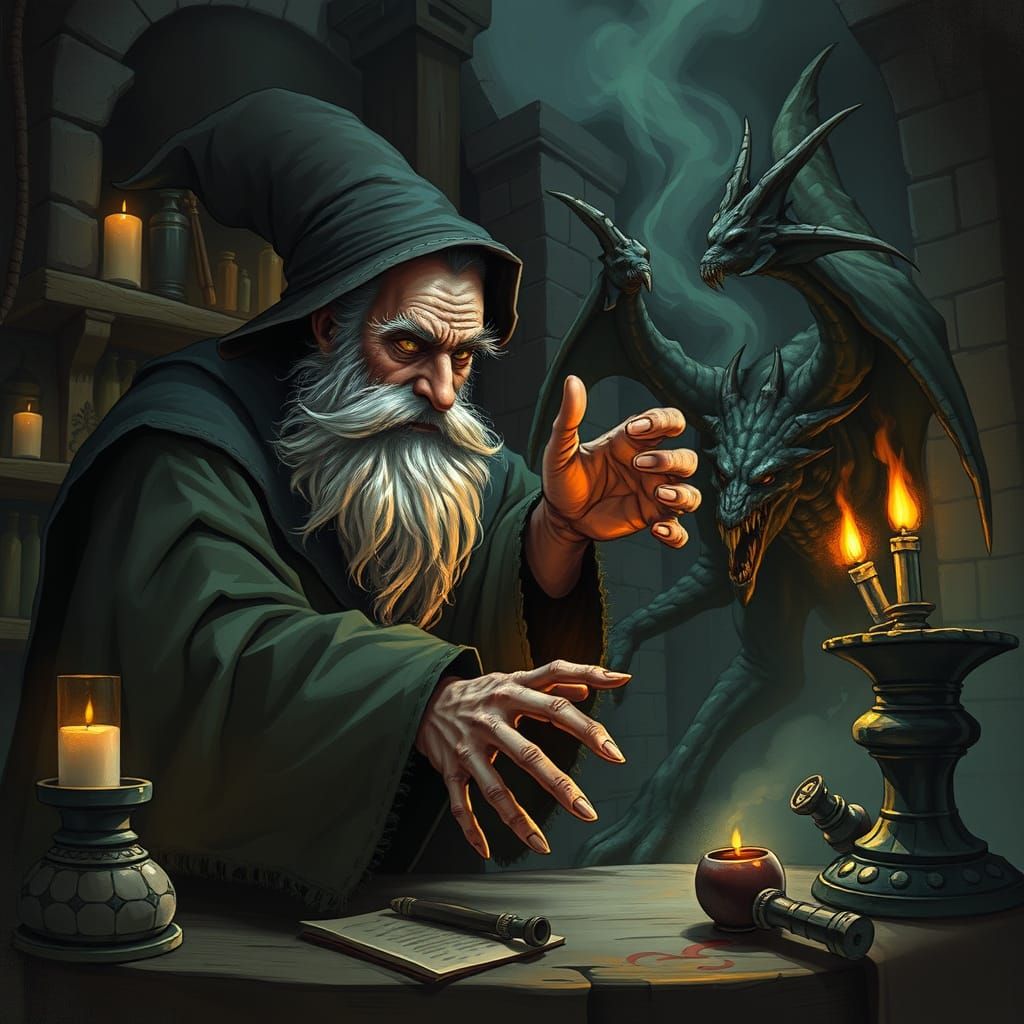 Wizard Conjuring a Demon in Laboratory, Dark Fantasy Art