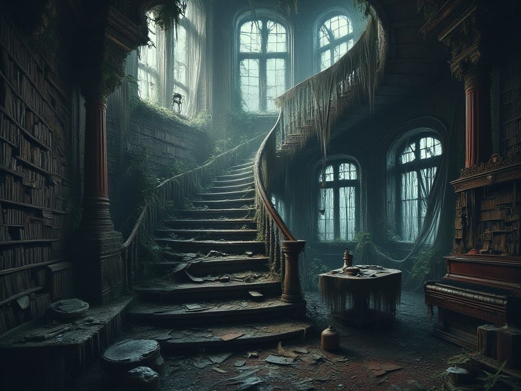 Spectral Piano on Dusty Staircase in Abandoned Mansion