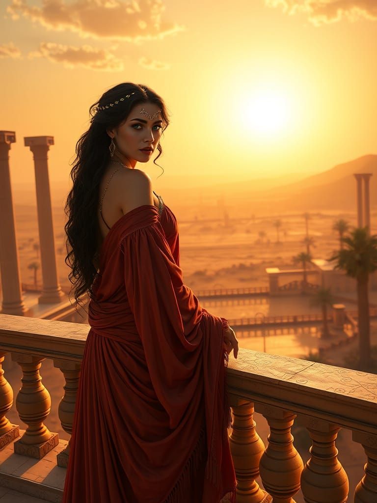 Ancient Greek Queen in Majestic Sunset Desert Landscape