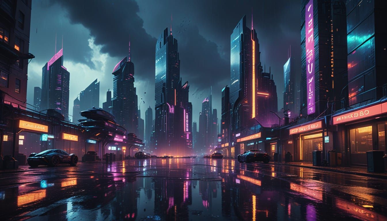 Futuristic Cityscape with Flying Cars in Cyberpunk Style