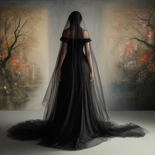 Woman in Black Veil: Impressionistic Garden Scene