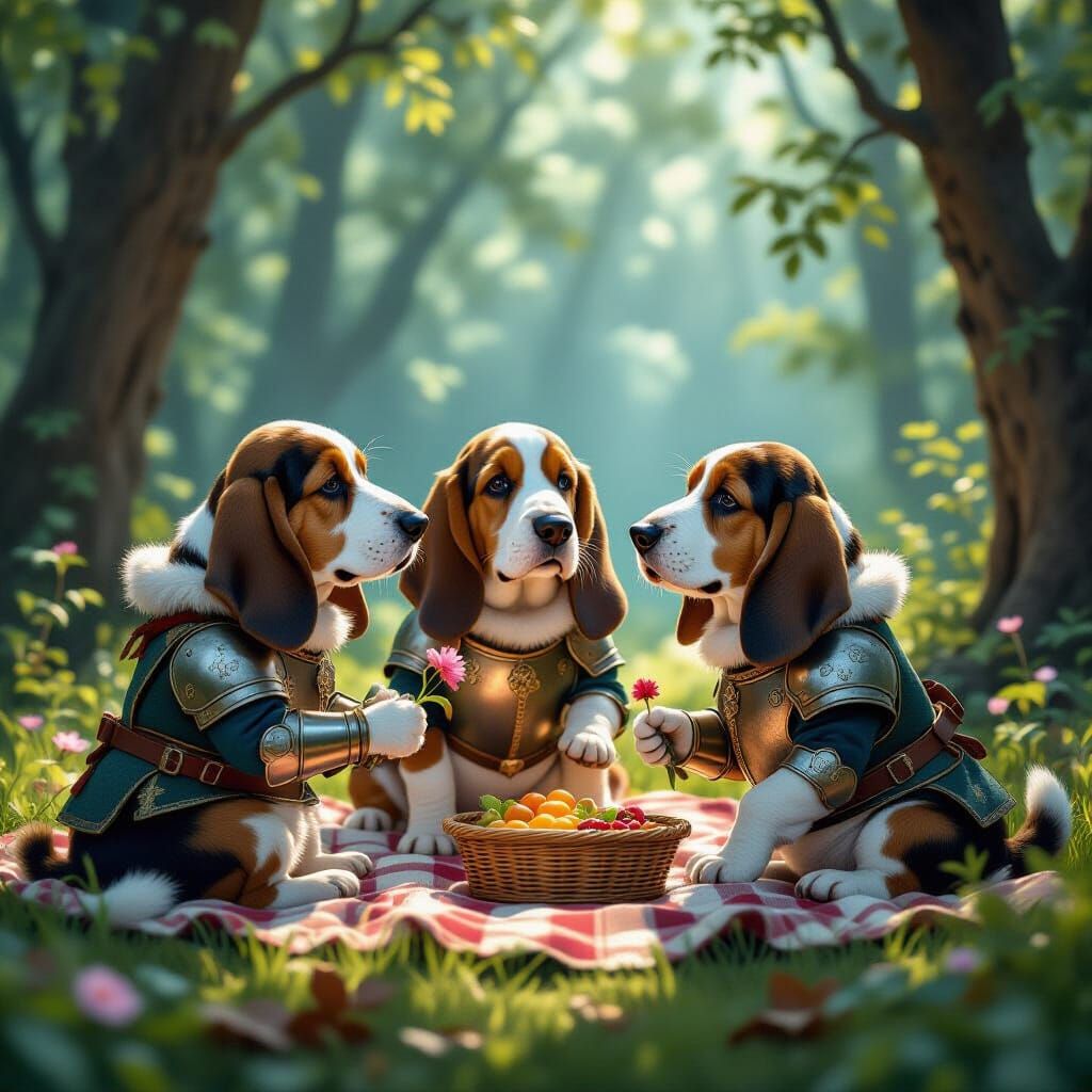 Basset Hounds in Medieval Armor Enjoy a Forest Picnic