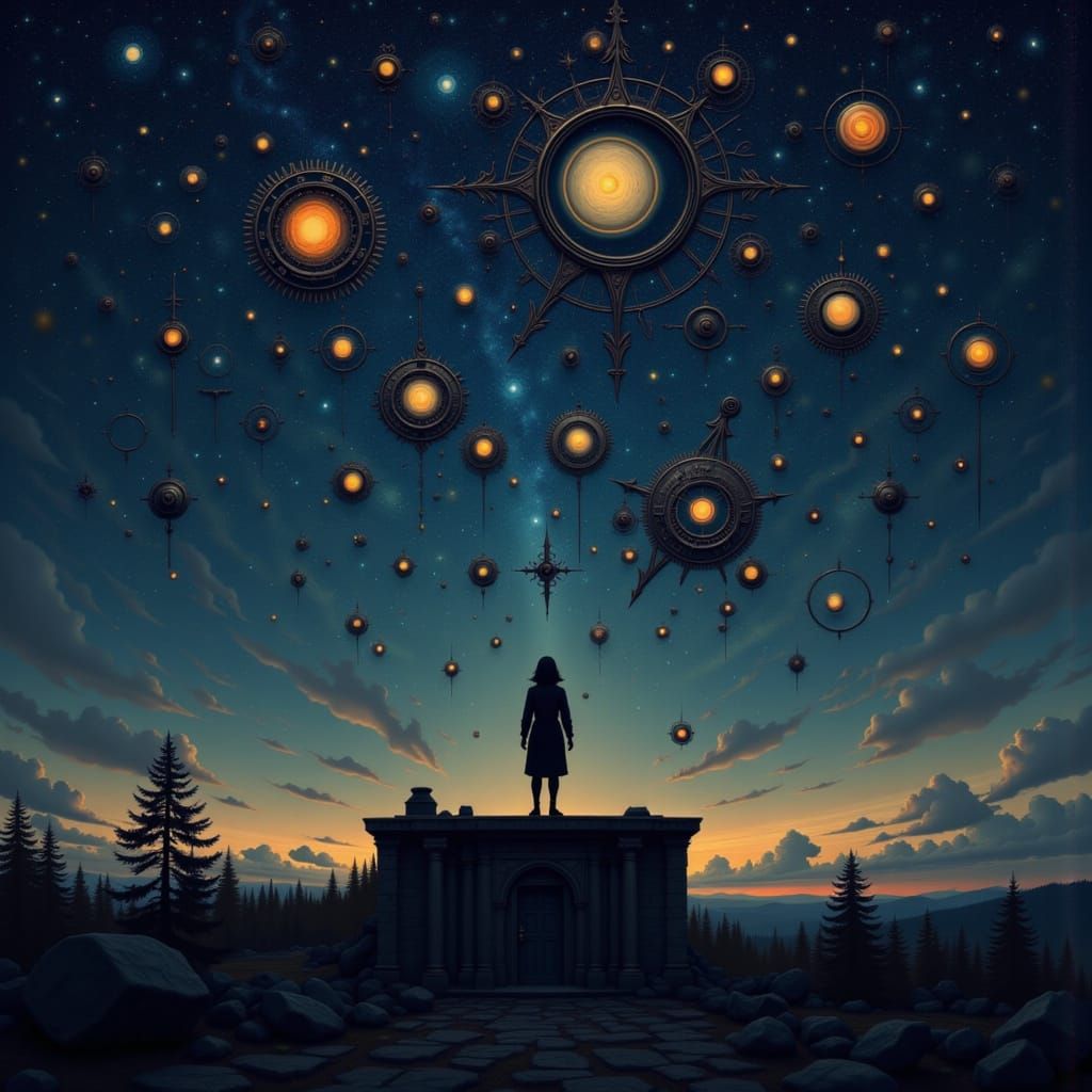 Figure Gazing at Clockwork Stars in Ancient Observatory