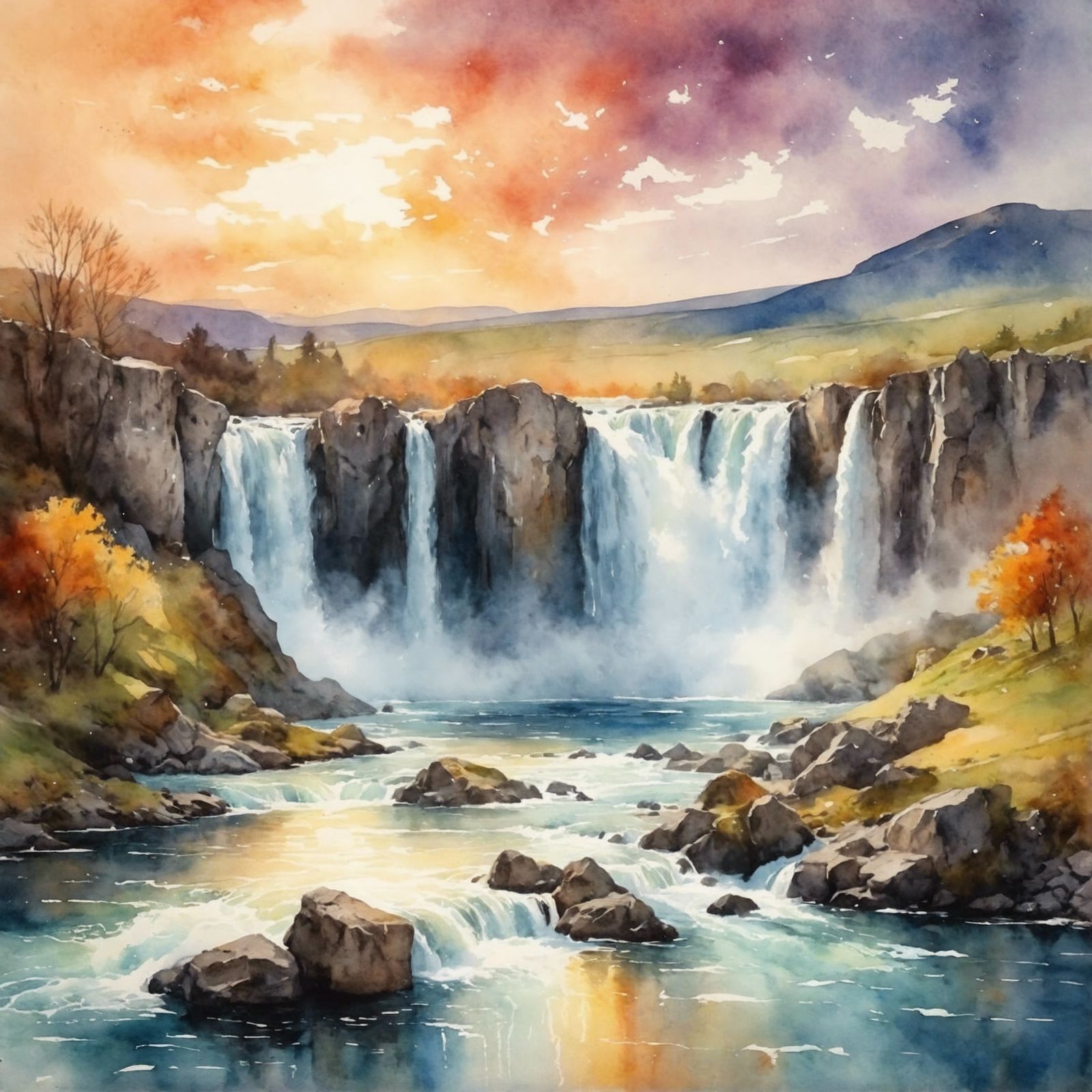 Godafoss Waterfall in Watercolor Style