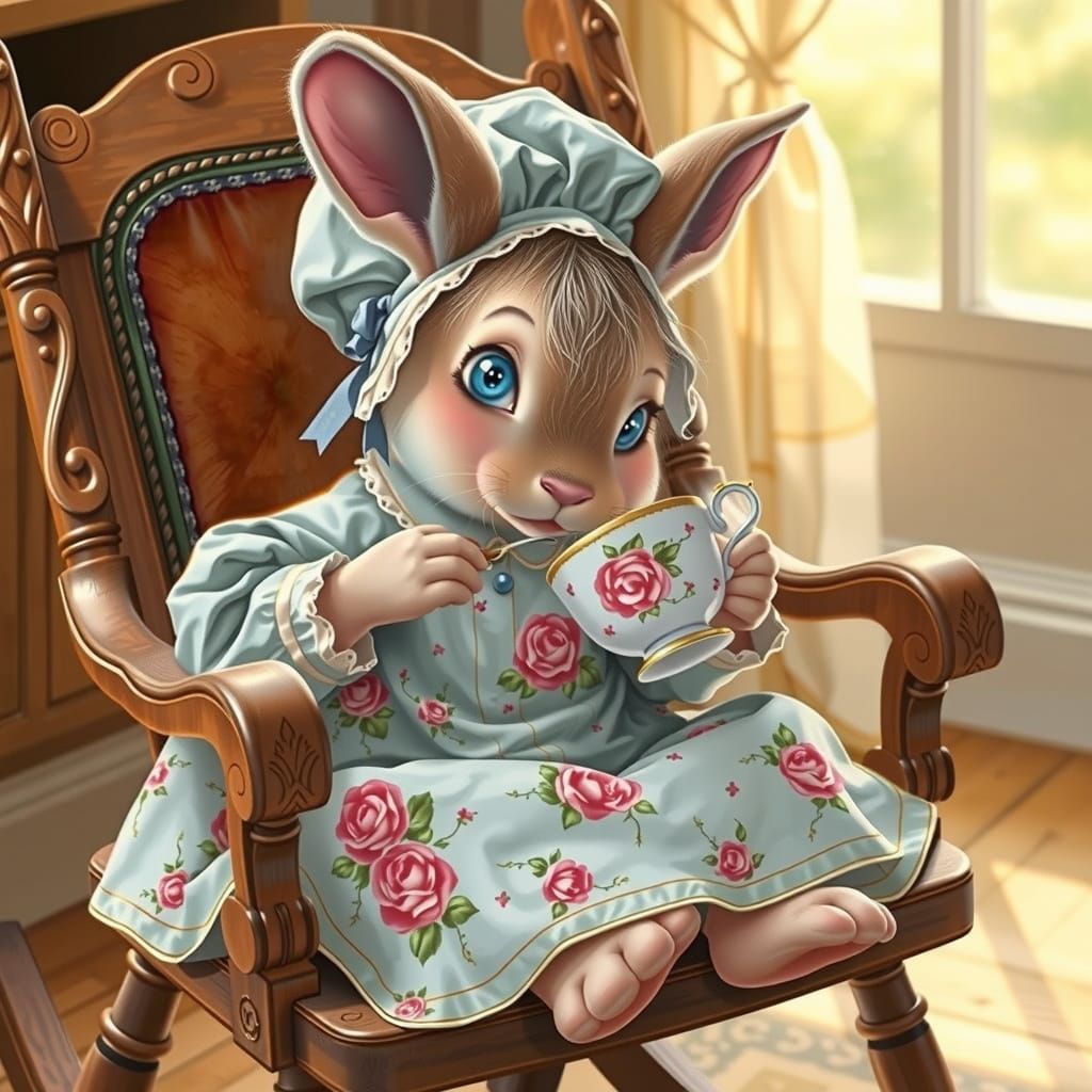 Charming Pink Bunny Sips Tea in a Cozy, Antique Setting