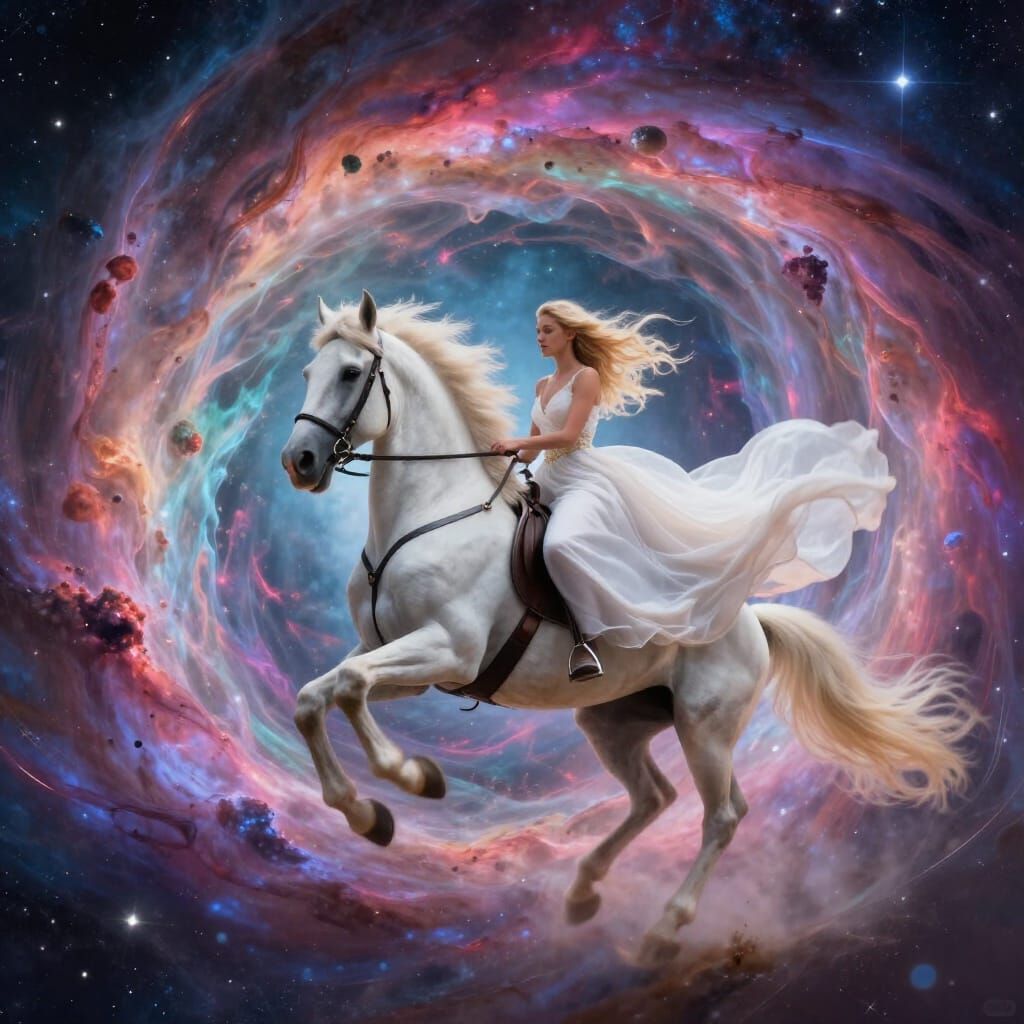 Blonde Woman Rides White Horse Through Cosmic Wormhole