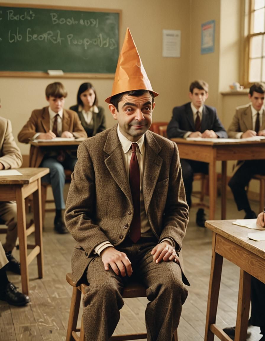 Mr. Bean Film Still with Dunce Hat