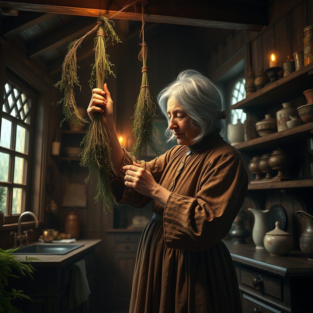 Elderly Woman Hangs Herbs in a Whimsical Victorian Kitchen