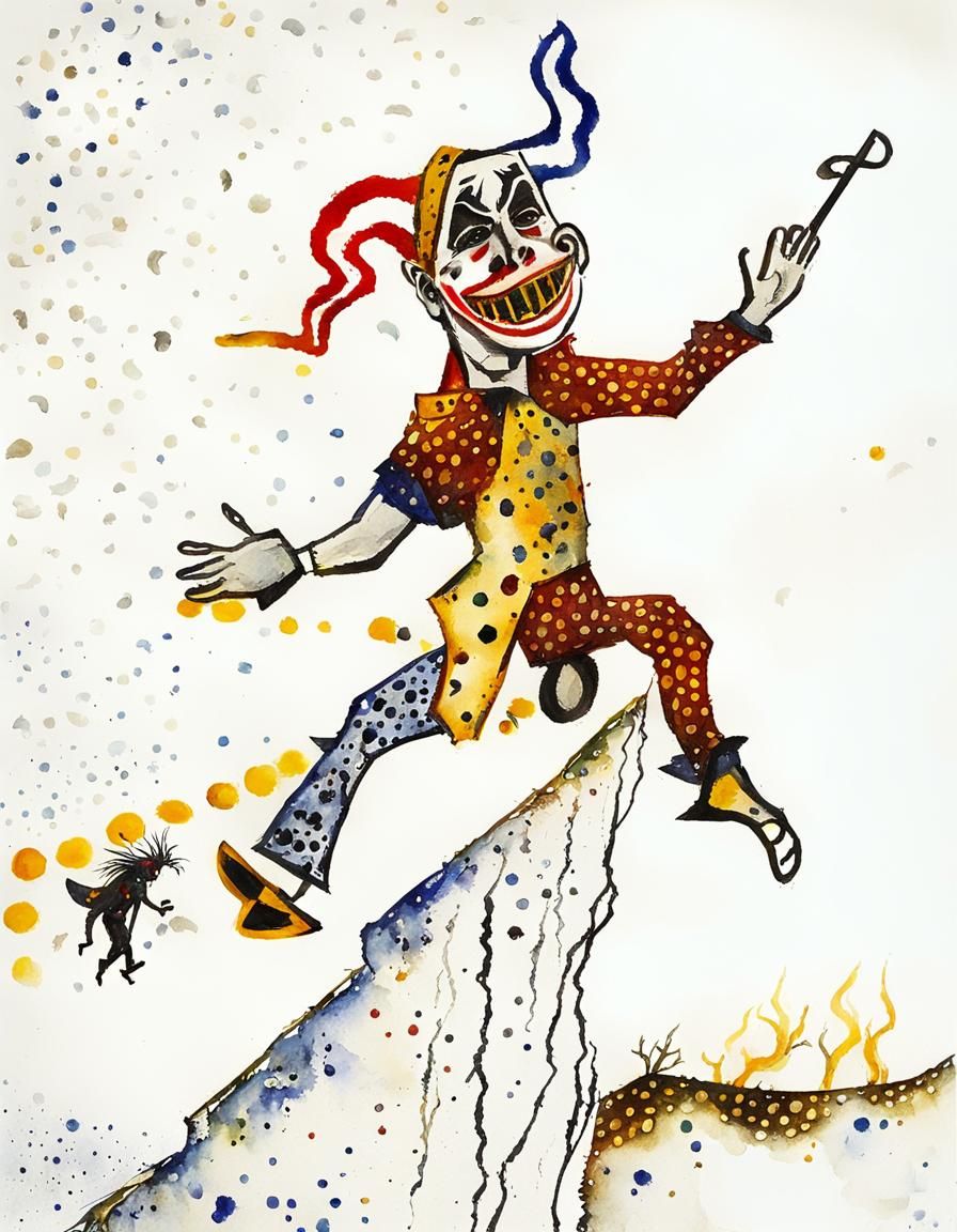 Jester's Leap of Faith: Gothic Aquarelle Painting