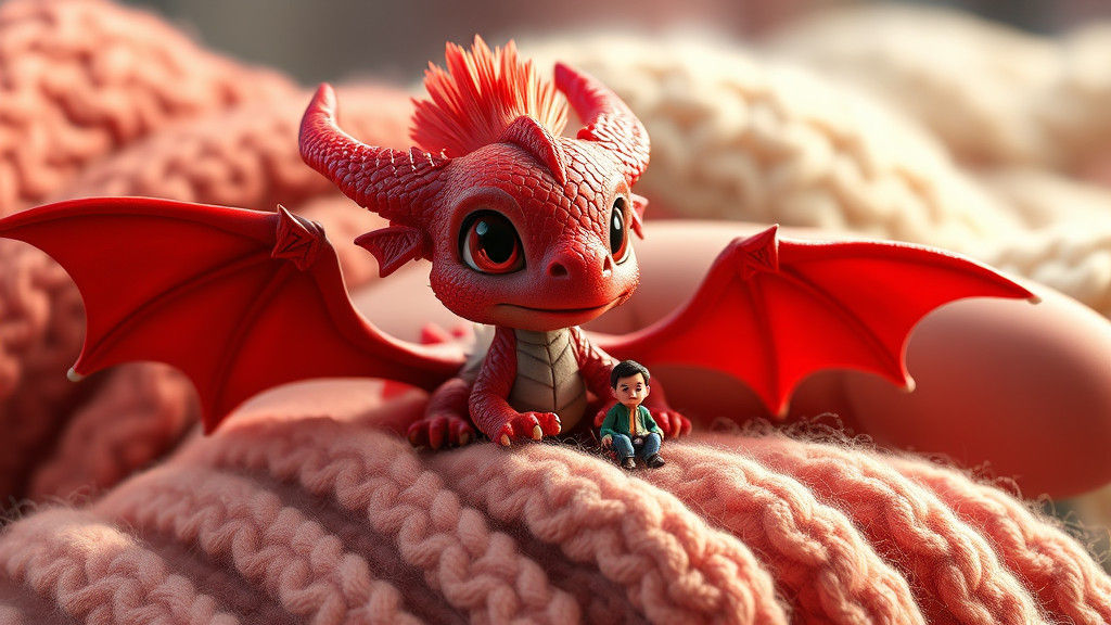 Adorable Red Dragon Cub on Giant's Hand in Digital Art