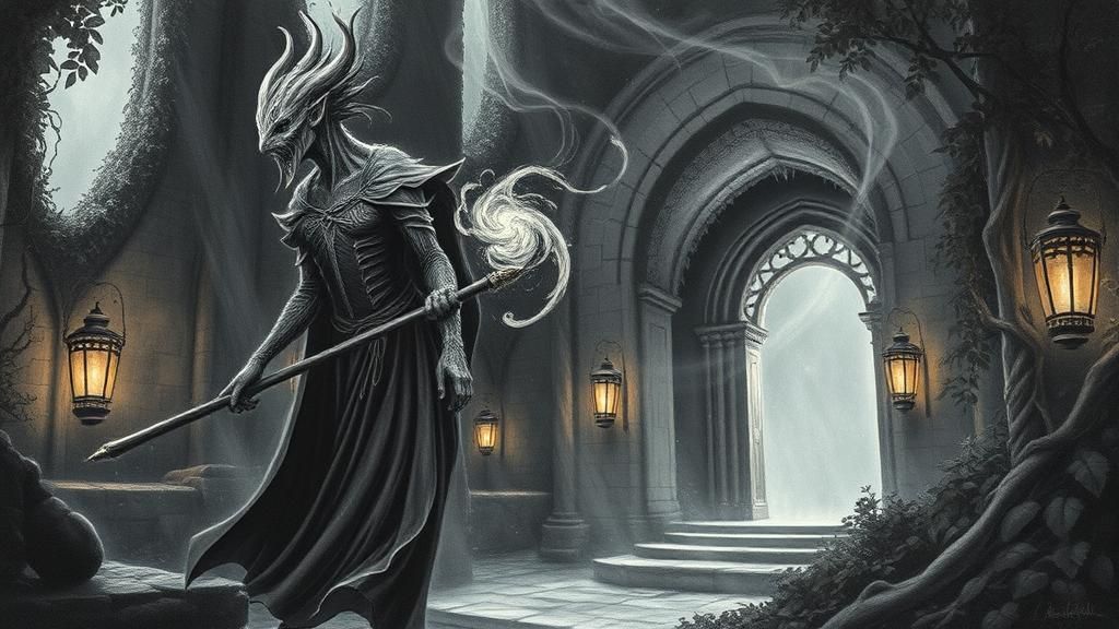 Mystical Gothic Preacher in Overgrown Ruin