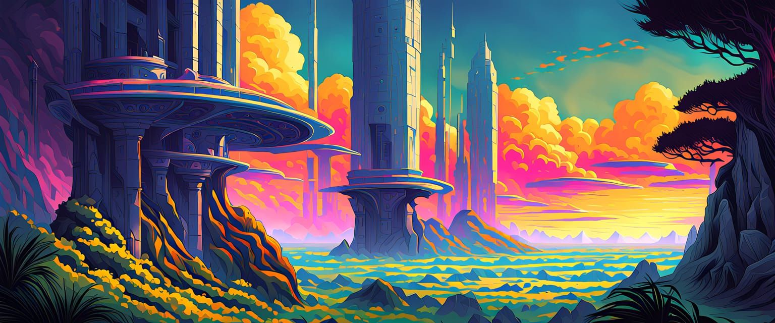 Floating Cloud City in Bright Sunlight, Retro Comic Art Styl...