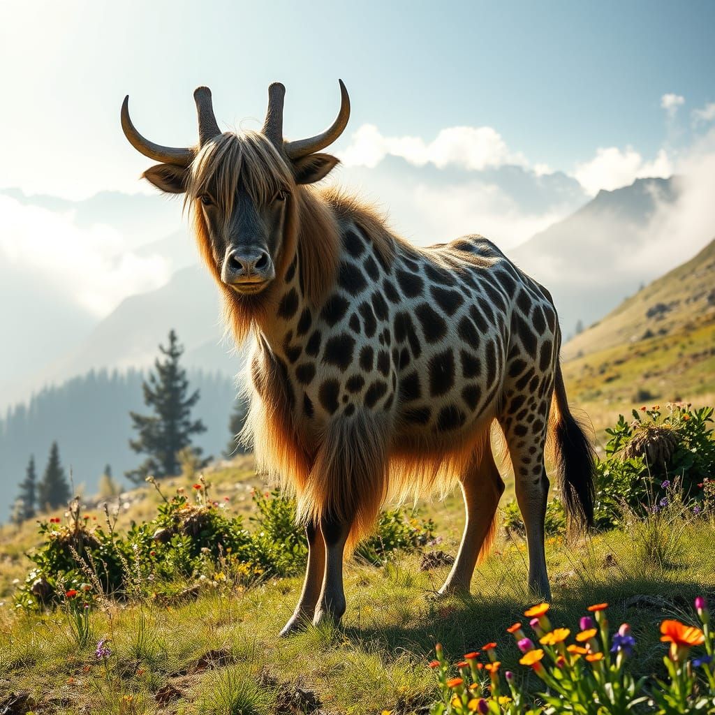 Majestic Yak-Giraffe Hybrid in a Misty Mountain Meadow