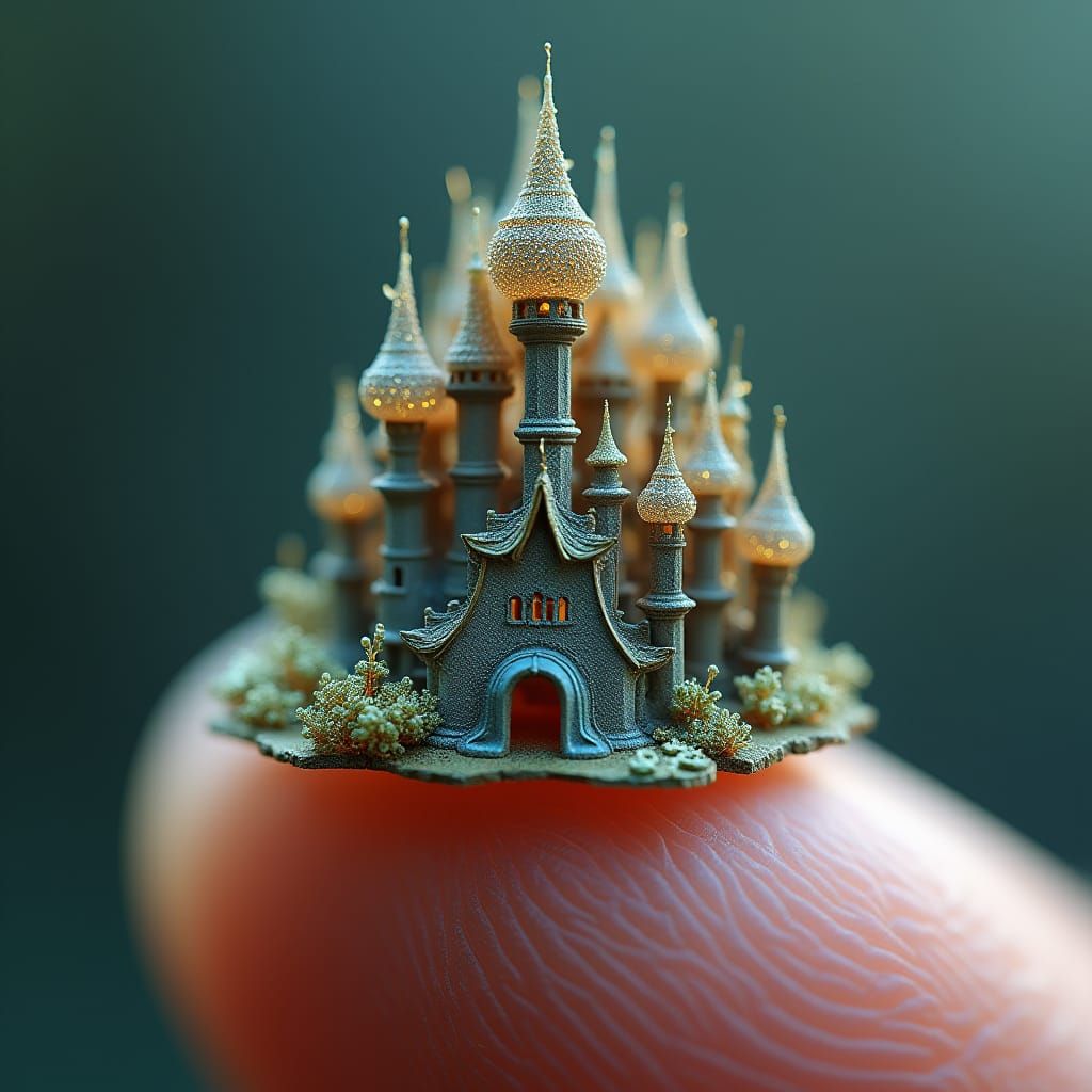 tiny symmetrical castle on tip of finger, macro textured zoo...