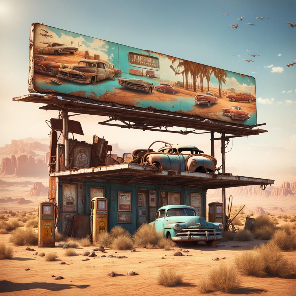 Desert Gas Station with Billboard: Matte Painting