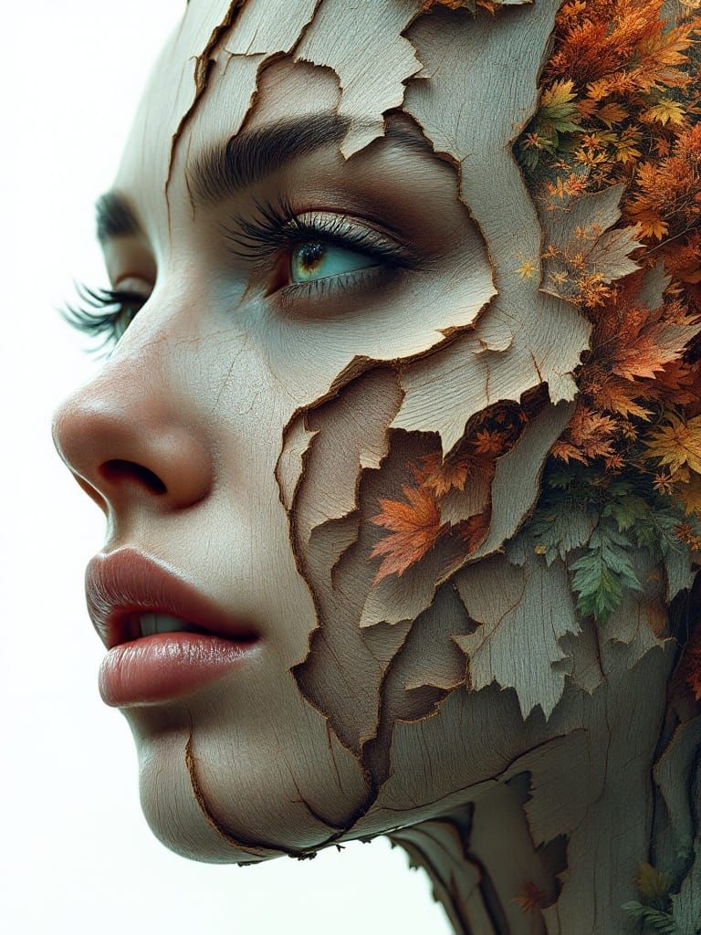 Woman's Face as Ancient Oak Trunk in Seasonal Bloom