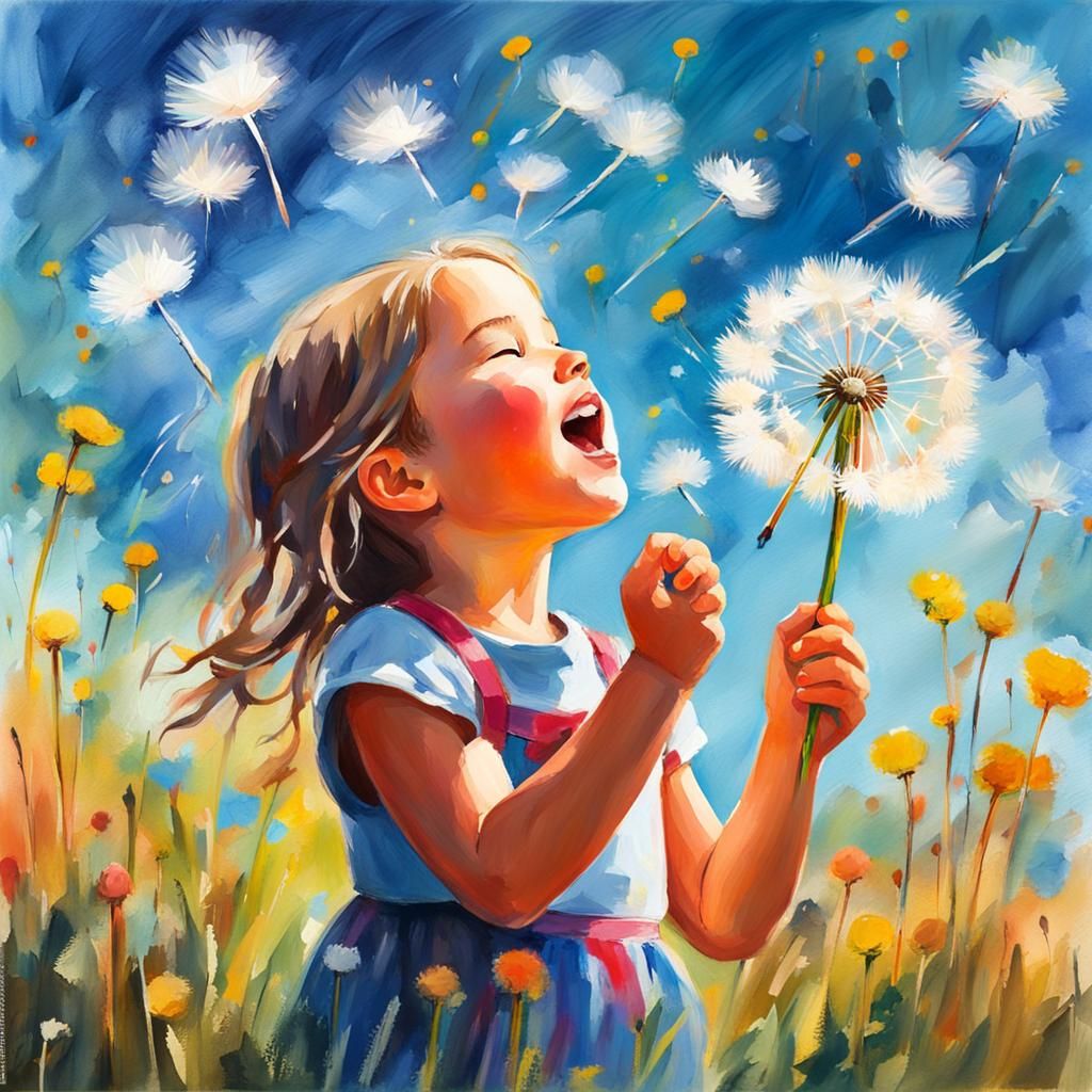Girl with Dandelion Seeds: Gouache Watercolor Impression