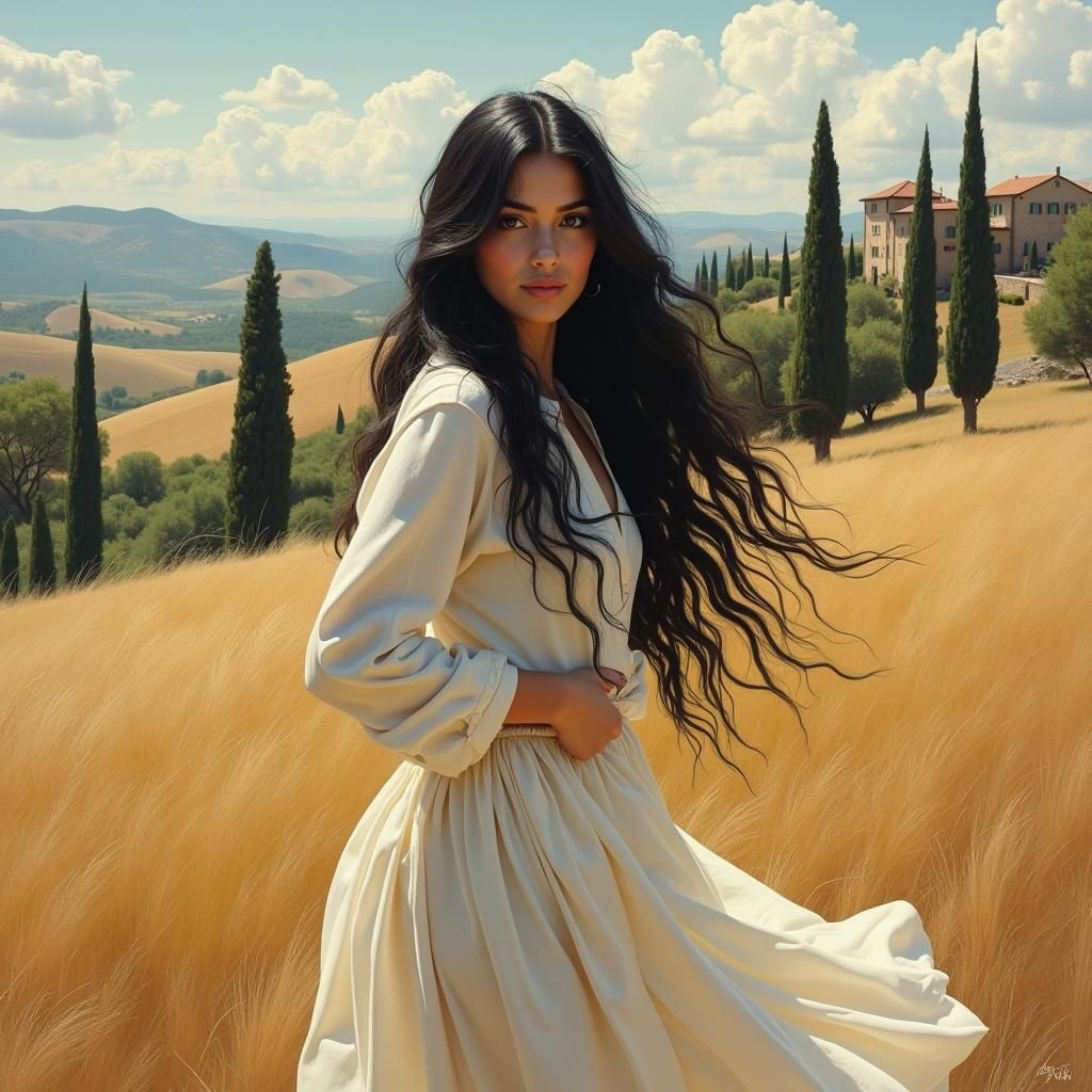 Italian Woman in Tuscan Landscape, Realist Style
