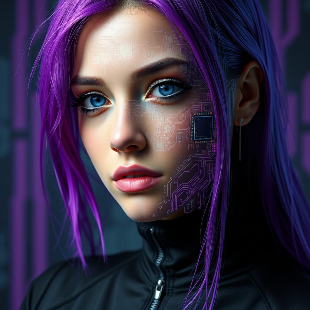 Cyberpunk Woman Transforms into Circuit Board