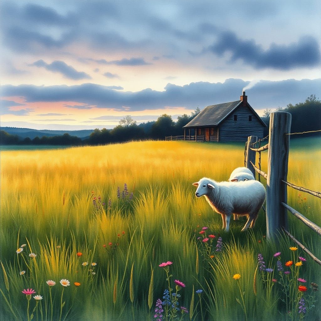 Watercolor Landscape with Sheep in Twilight