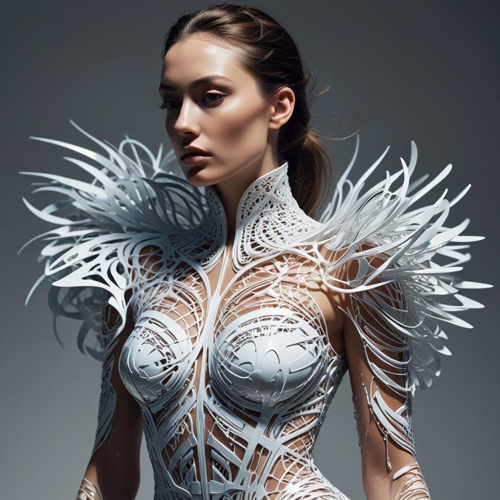 Surreal Fashion Model in Shimmering Plastic Spork Ensemble